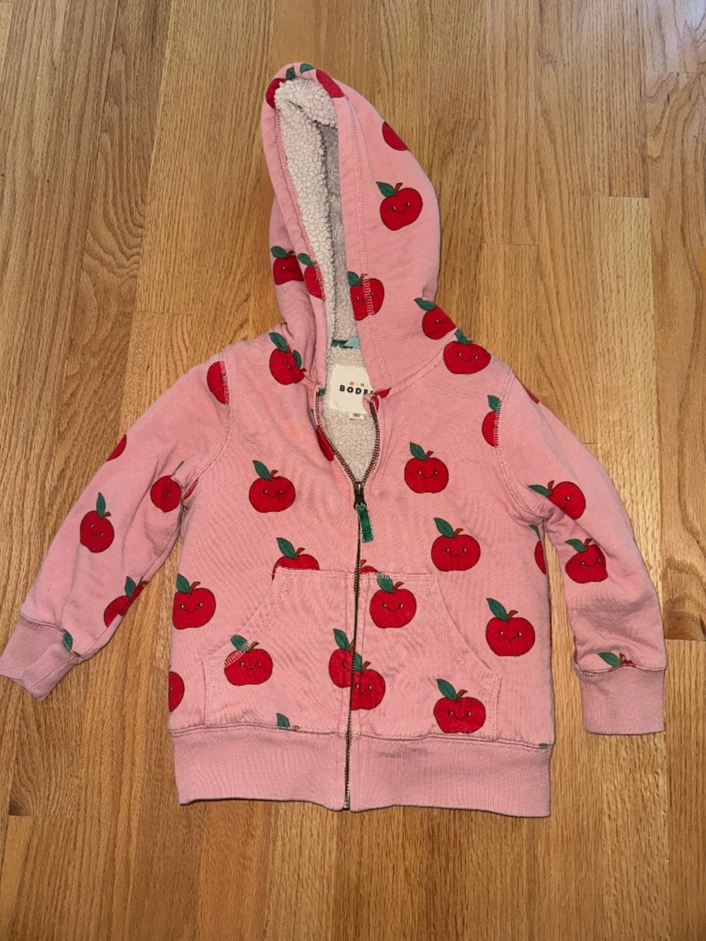 Boden- pink zip-up sweatshirt with apple print- size 4-5Y